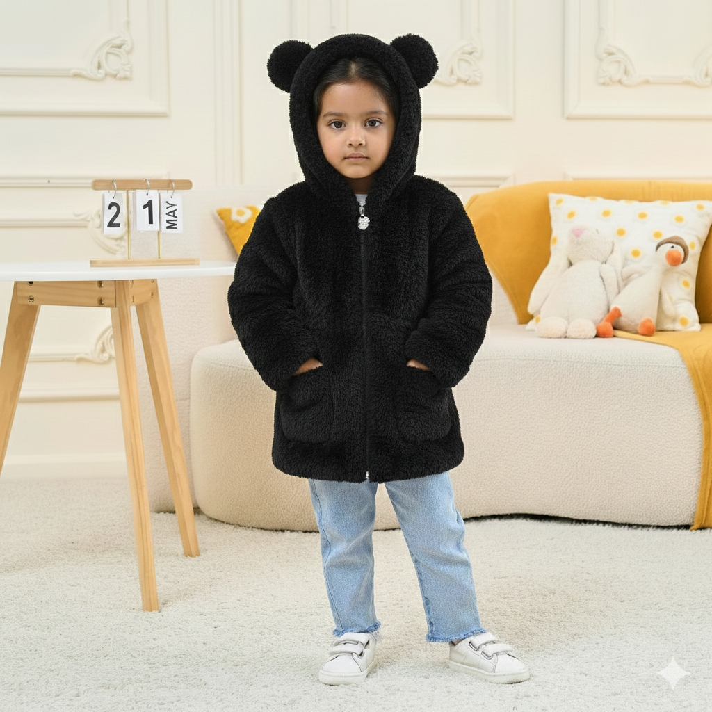 Eboo Girls Winter Warm Hooded Faux Fur Jacket with Cute Ear Design (Black)