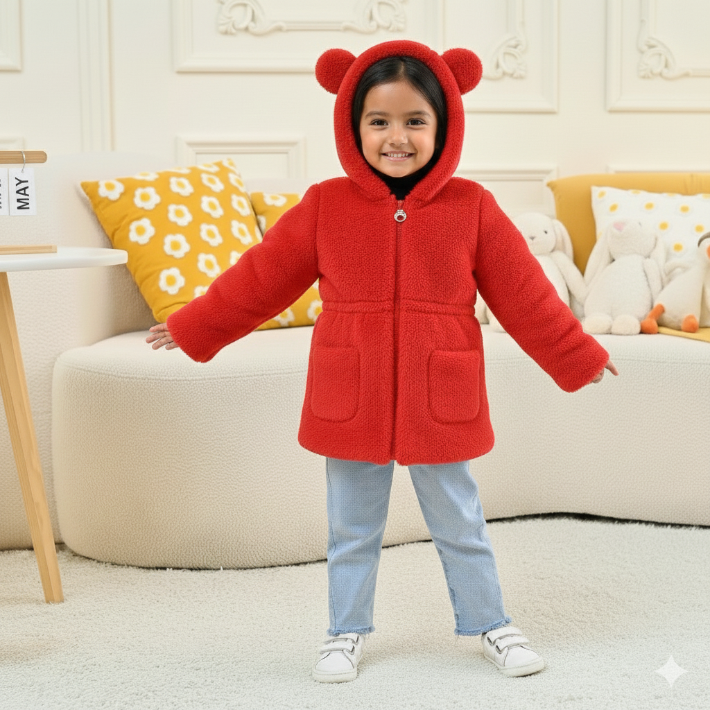 Eboo Girls Winter Warm Hooded Faux Fur Jacket with Cute Ear Design (Red)