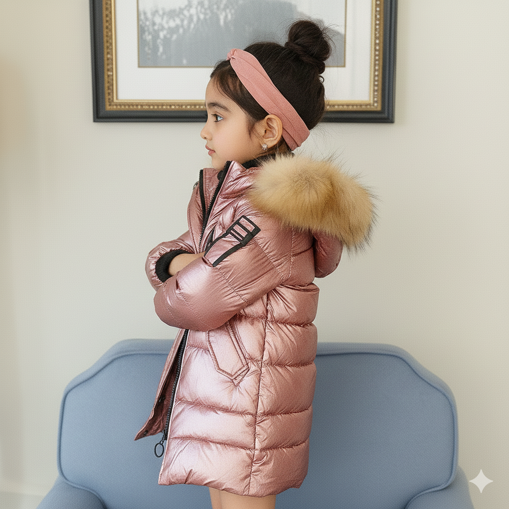 Eboo Kids Metallic Winter Fur Hood Coat Warm & Stylish Puffer Jacket (Pink)
