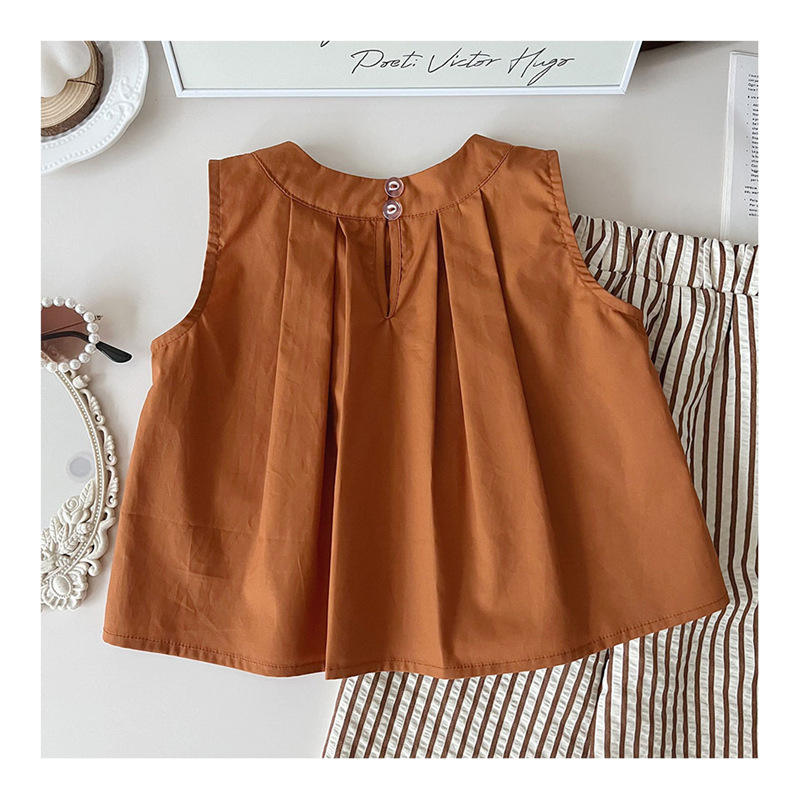 Eboo Bear Leader Vest+Striped Wide Leg Pants Summer Dress Set (BROWN)