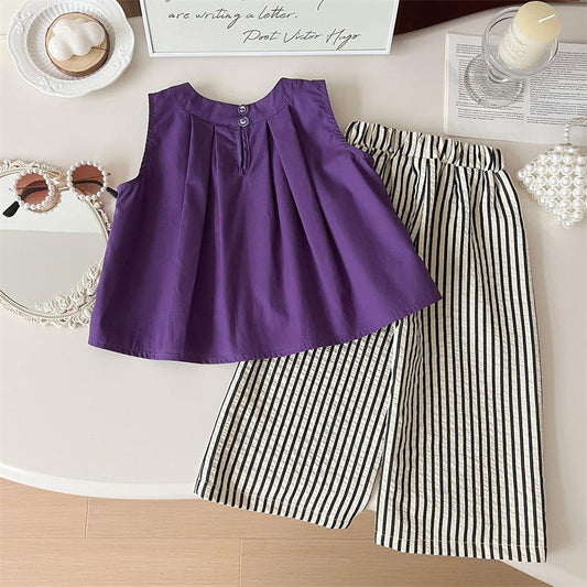 Eboo Bear Leader Vest+Striped Wide Leg Pants Summer Dress Set (PURPLE)