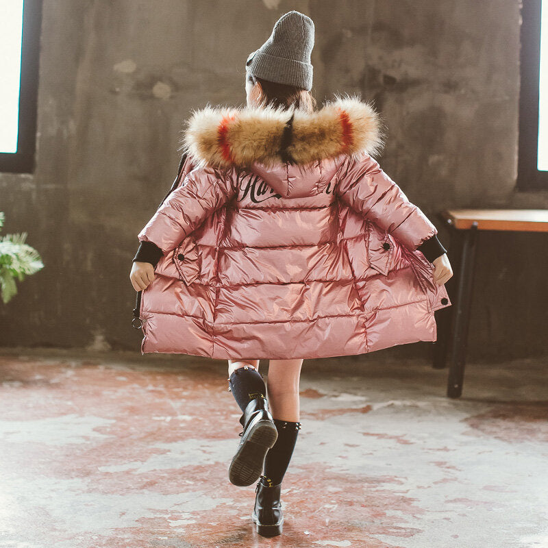 Eboo Kids Metallic Winter Fur Hood Coat Warm & Stylish Puffer Jacket (Pink)