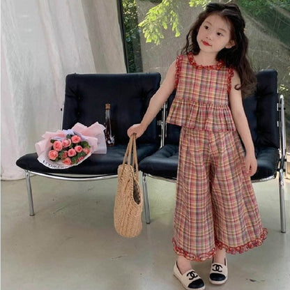 Eboo Girls Summer Children 2 PCS Kids Outfits Checkered Plaid Lace Top and Wide Leg Capris Pants Clothes Sets
