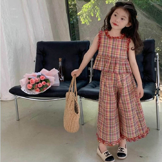 Eboo Girls Summer Children 2 PCS Kids Outfits Checkered Plaid Lace Top and Wide Leg Capris Pants Clothes Sets