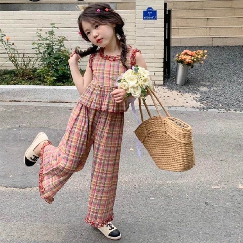 Eboo Girls Summer Children 2 PCS Kids Outfits Checkered Plaid Lace Top and Wide Leg Capris Pants Clothes Sets
