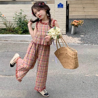 Eboo Girls Summer Children 2 PCS Kids Outfits Checkered Plaid Lace Top and Wide Leg Capris Pants Clothes Sets