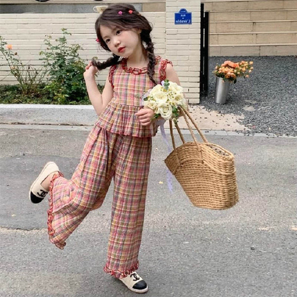 Eboo Girls Summer Children 2 PCS Kids Outfits Checkered Plaid Lace Top and Wide Leg Capris Pants Clothes Sets