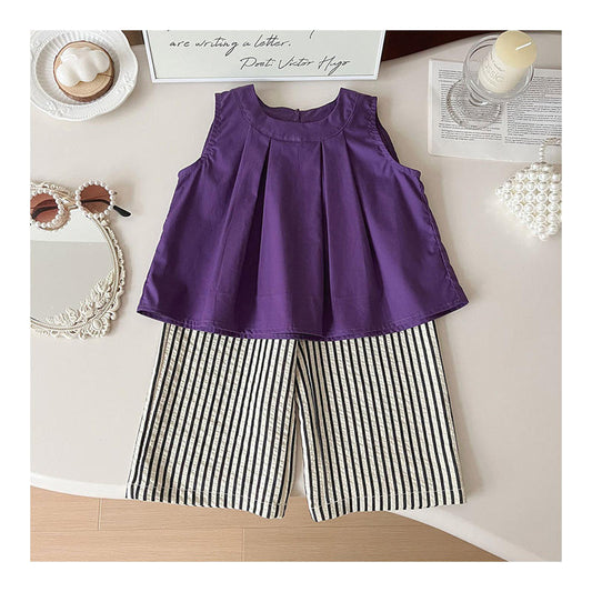 Eboo Bear Leader Vest+Striped Wide Leg Pants Summer Dress Set (PURPLE)