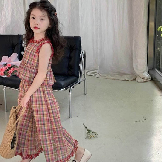Eboo Girls Summer Children 2 PCS Kids Outfits Checkered Plaid Lace Top and Wide Leg Capris Pants Clothes Sets