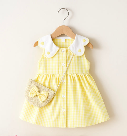 Eboo Baby Girls Fashion Cute Sleeveless Sweet Heart Print Dress Bag Set (YELLOW)