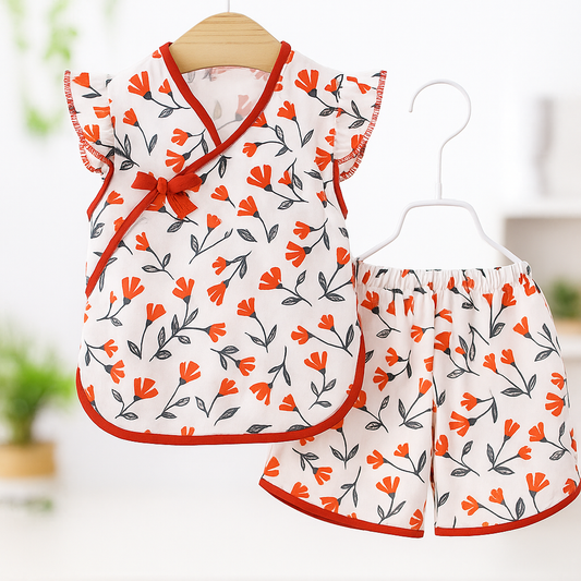 Red Floral Print Chinese Style Baby Girl Dress Set Stylish Summer Outfit with Traditional Touch