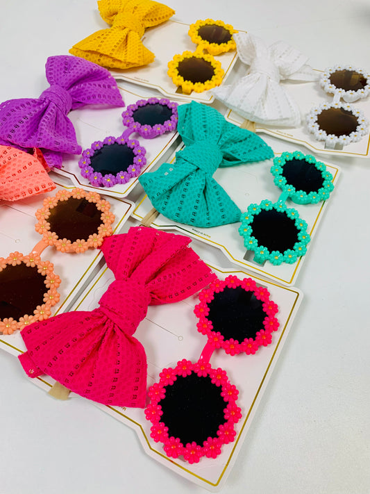 Eboo Flower Sunglasses with Bow Headband Set for Kids and Toddlers, Perfect for Summer Parties and Costumes