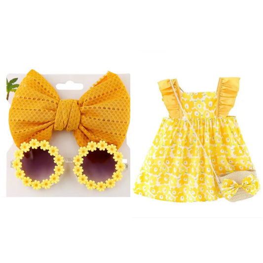 Eboo Yellow Floral Summer Dress with Straw Bag for Girls
