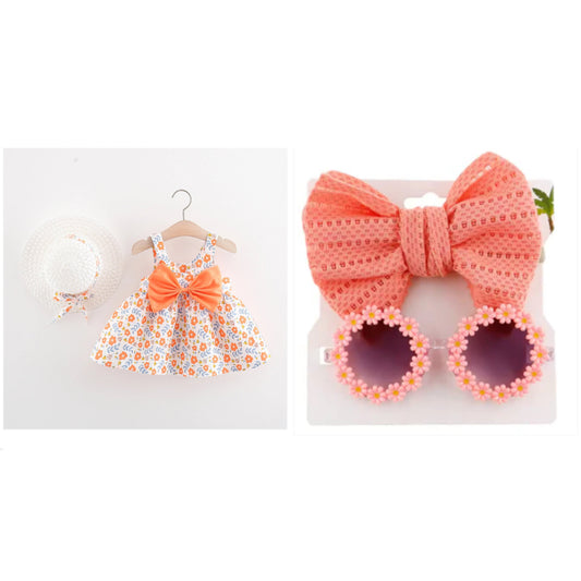 Eboo Toddler Baby Girl Summer Sleeveless Flying Sleeve Printed Bowknot Dress (ORANGE)