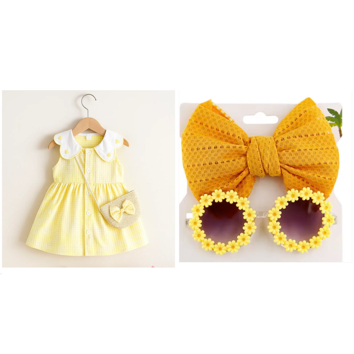 Eboo Baby Girls Sleeveless Heart Print Dress+Bag Set (YELLOW)