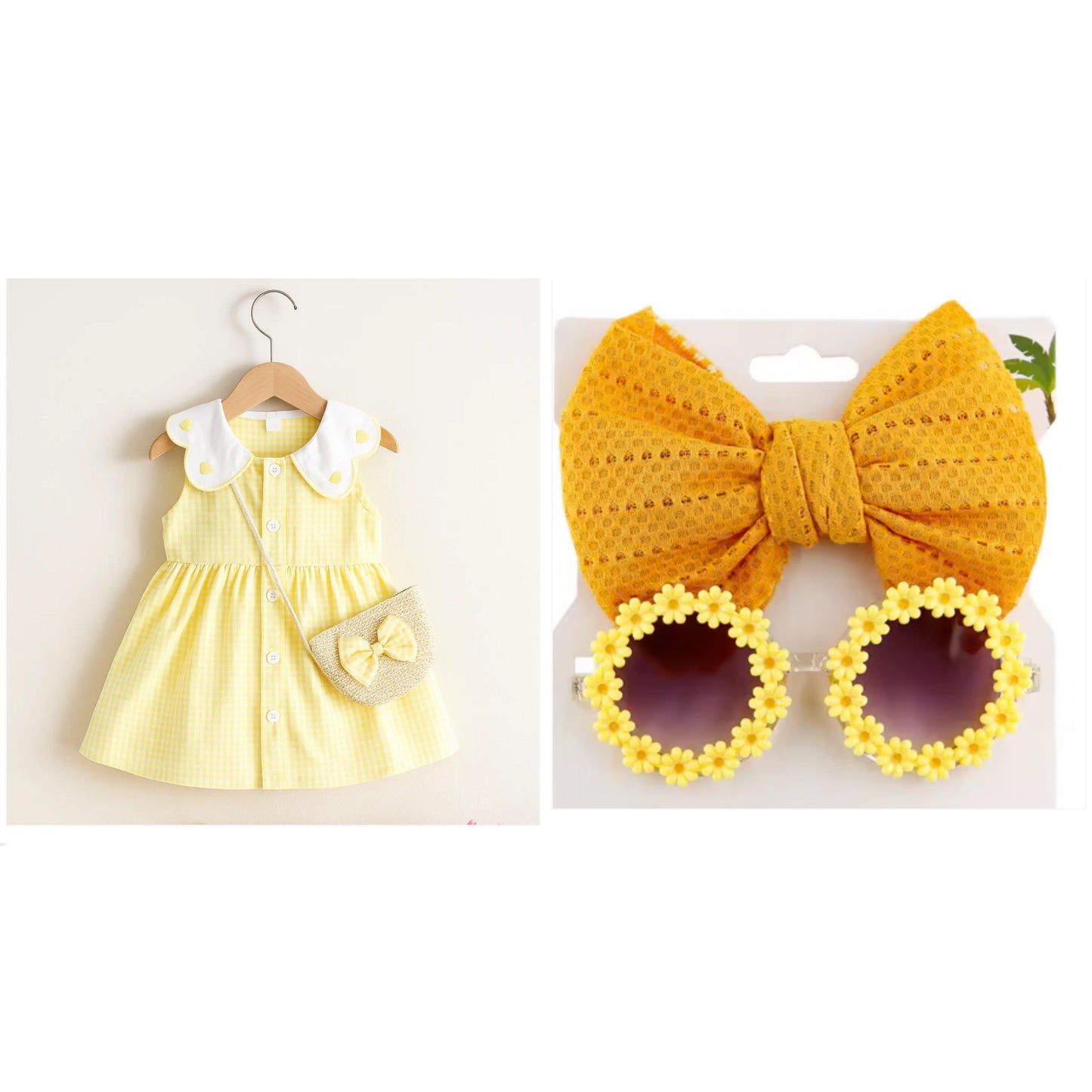 Eboo Baby Girls Sleeveless Heart Print Dress+Bag Set (YELLOW)