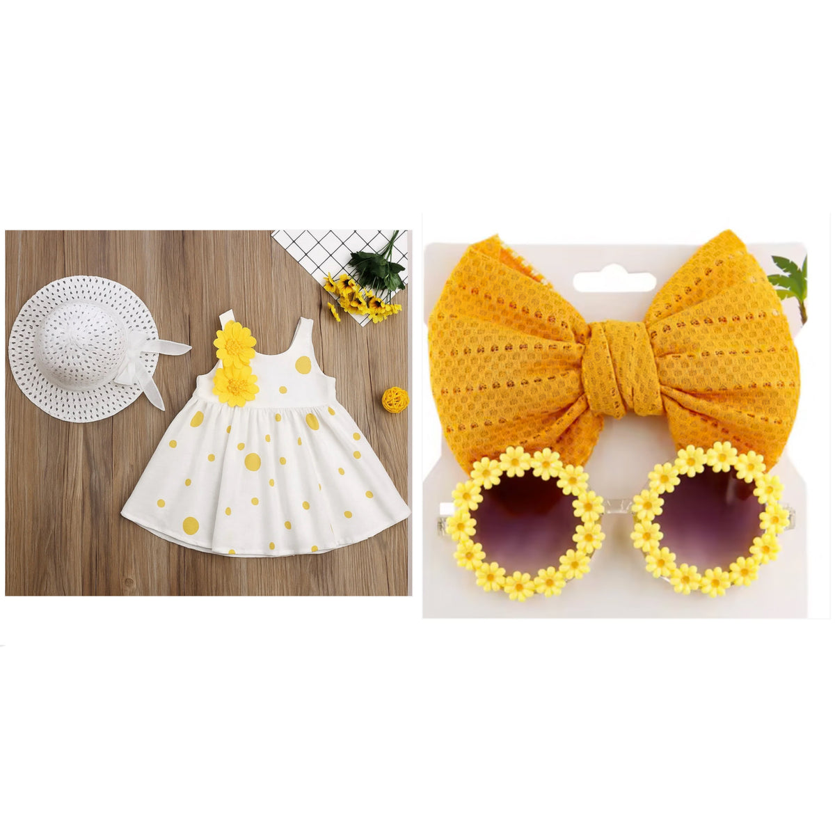 Eboo Summer Yellow Polka Dot Skirt with Hat Dress set