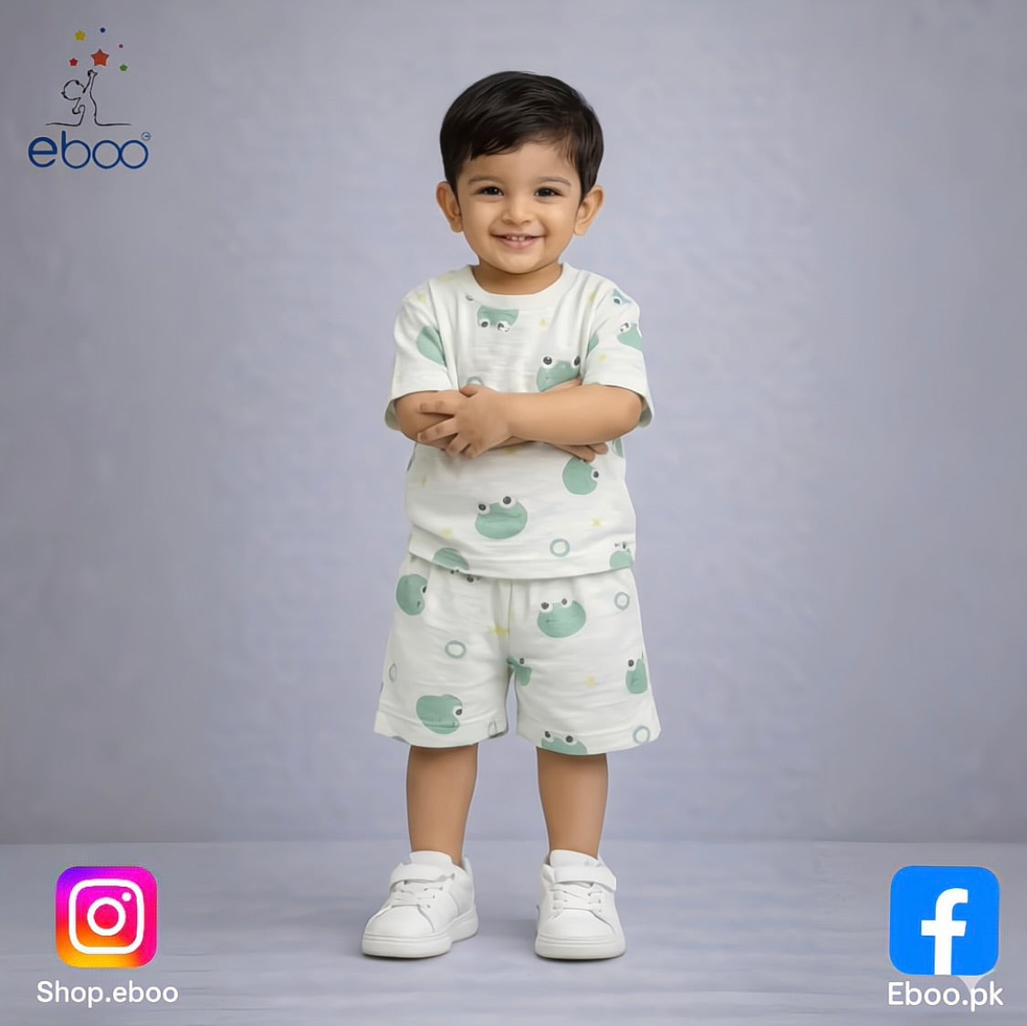 Eboo Cute Frog Printed Dress 2Pcs Set