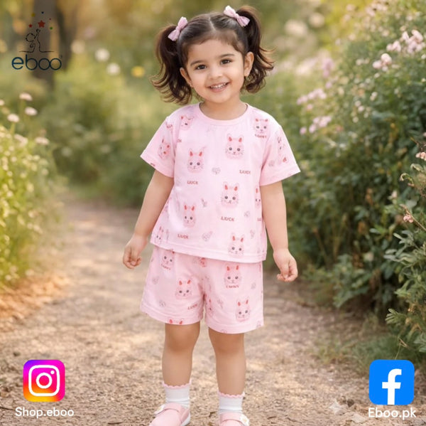 Eboo Girls Printed Round Neck T-shirt With Shorts - Clothing Set