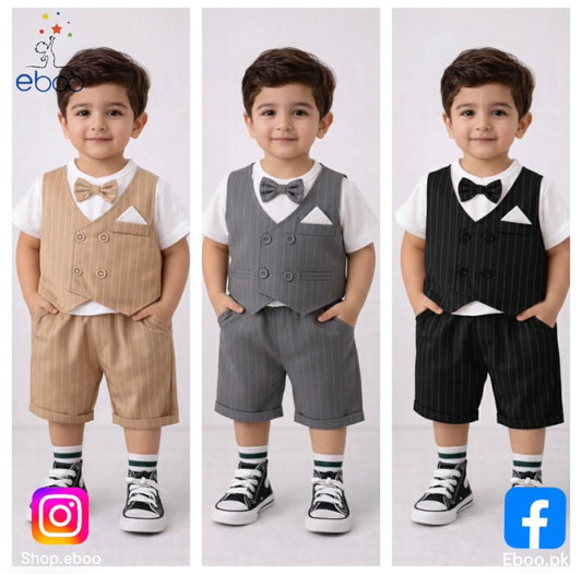 Eboo Stylish Boys’ Pinstripe Vest & Shorts Set – 3-Piece Formal Look