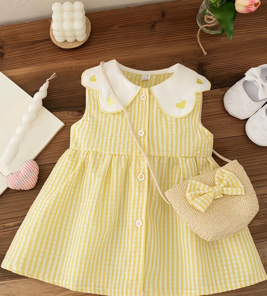Eboo Baby Girls Sleeveless Heart Print Dress+Bag Set (YELLOW)