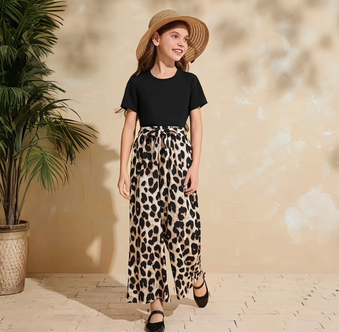 Eboo leopard print short sleeve suit girls round neck short