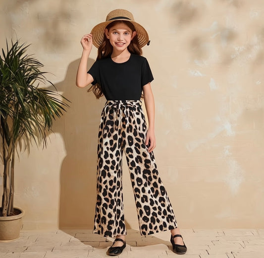 Eboo leopard print short sleeve suit girls round neck short
