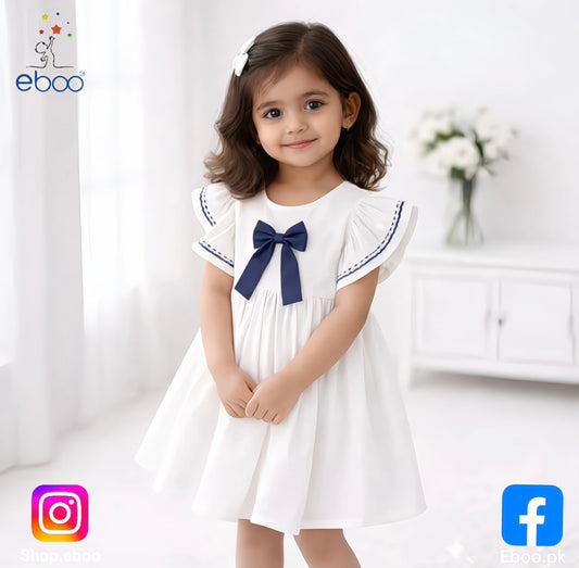 Eboo Cotton Plain White with Blue Bow Dress
