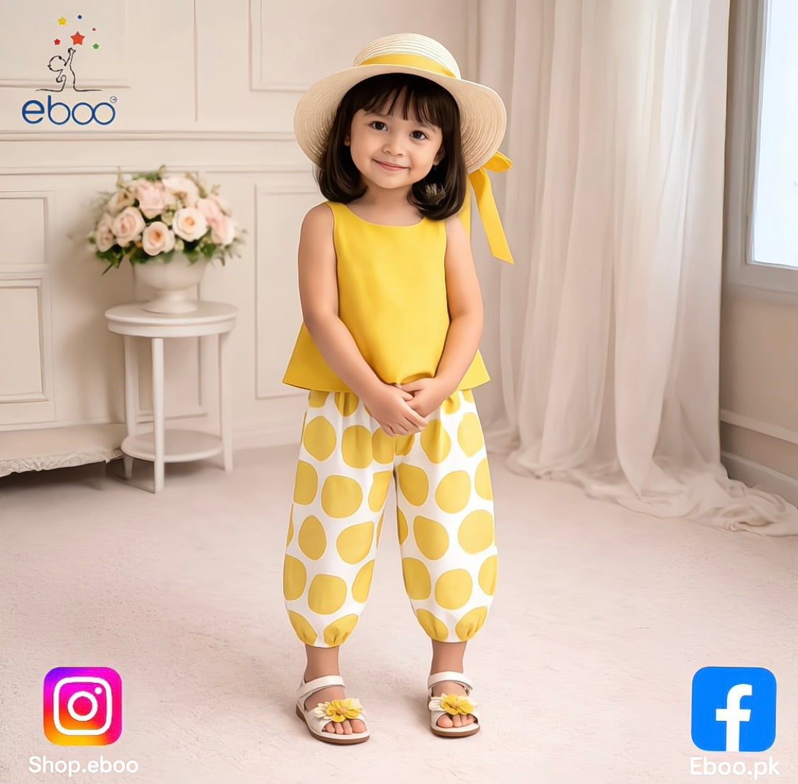 Eboo Sunny Days Toddler Girl Summer Outfit – 3-Piece Set (Top, Pants & Hat)