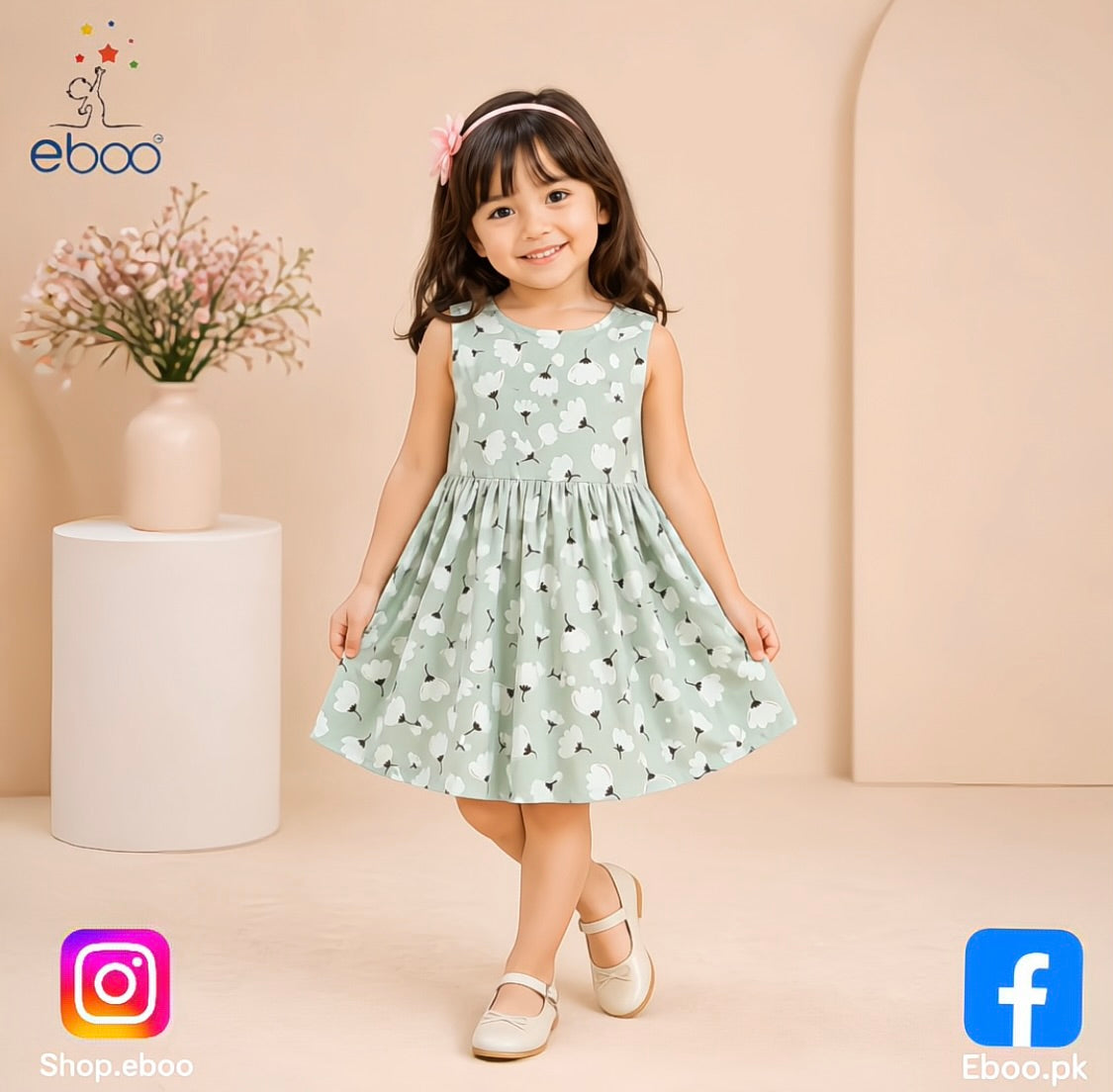 Eboo Green and White Flower Cotton Dress