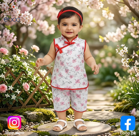 Traditional Chinese Style Floral Outfit for Kids – Sleeveless Top & Shorts Set