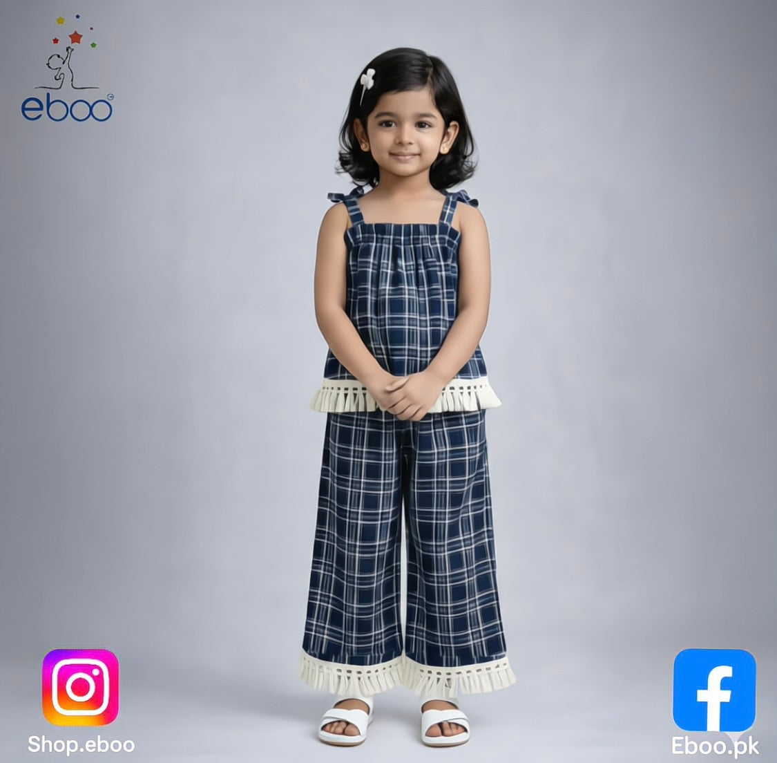 Eboo Girls Korean Summer Plaid Vest Wide Leg Pants 2pcs Outfits