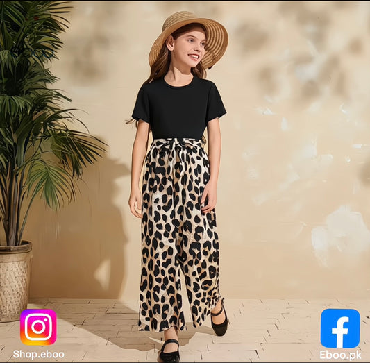 Eboo leopard print short sleeve suit girls round neck short