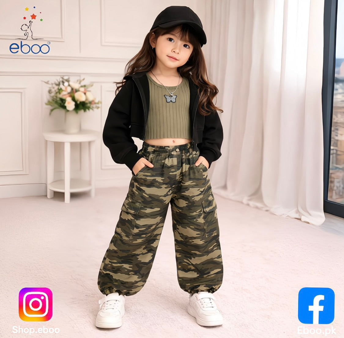 Eboo Tween Girl Solid High-low Hem Hoodie & Camo Print Pants & Tank Top