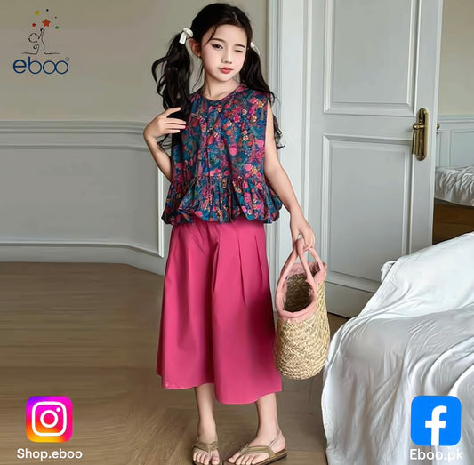 Eboo Stylish 2PCS Set Floral shirt and Soft Wide Leg Pant Outfit