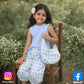 Eboo Summer Girls Suit New Blue Plaid Top with Bow Wide Leg Pants and Backpack Three-piece Set