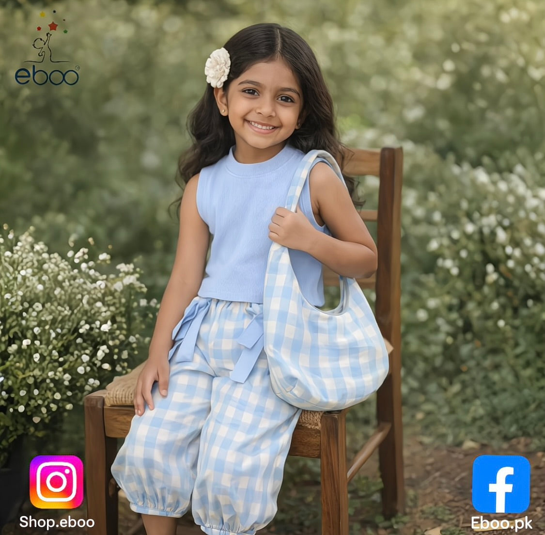 Eboo Summer Girls Suit New Blue Plaid Top with Bow Wide Leg Pants and Backpack Three-piece Set