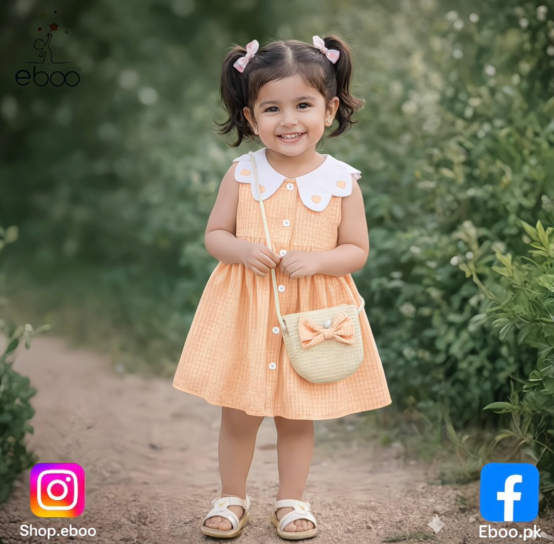 Eboo Cute Sleeveless Heart Print Dress+Bag Set (ORANGE).