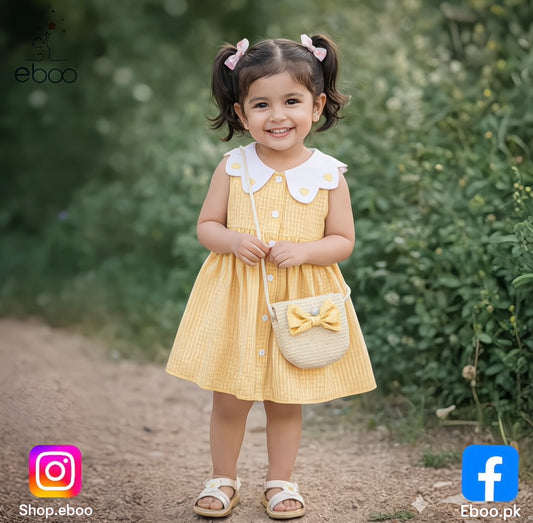 Eboo Baby Girls Sleeveless Heart Print Dress+Bag Set (YELLOW)