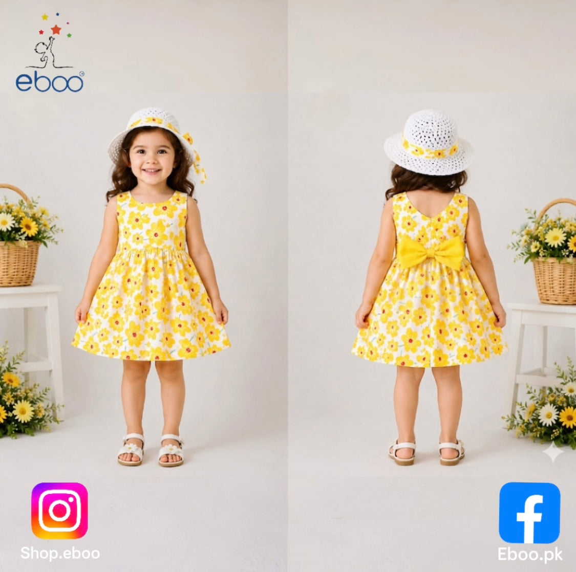 Eboo Sleeveless Bowknot Dresses Infant Floral Printed Princess Dress Hat Outfits Kid