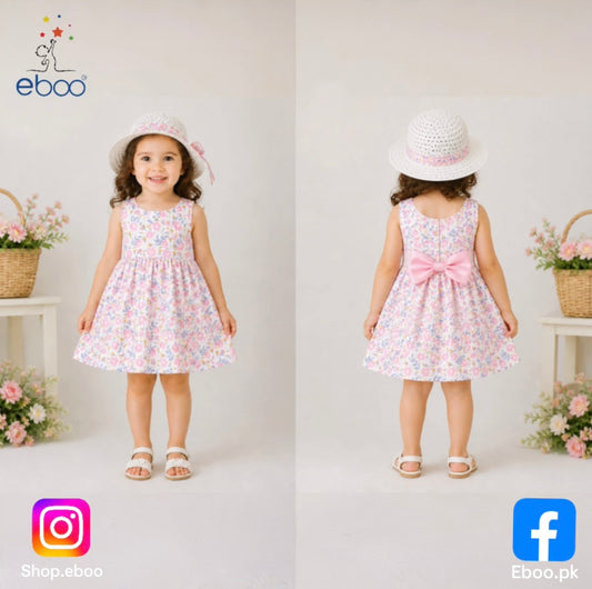 Eboo Baby Girl Summer Flower Printed Bowknot Dress (PINK).