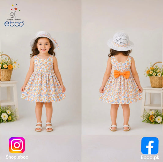 Eboo Toddler Baby Girl Summer Sleeveless Flying Sleeve Printed Bowknot Dress (ORANGE)