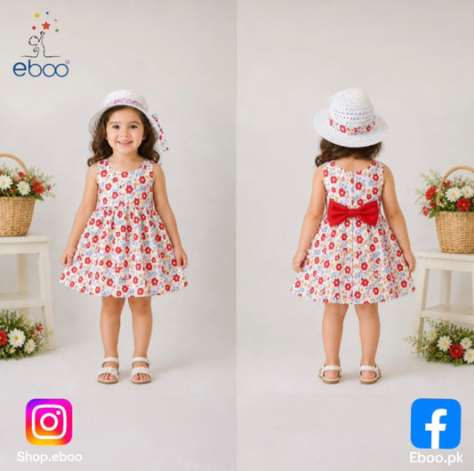 Eboo Baby Girl Summer Flower Printed Bowknot Dress (RED)