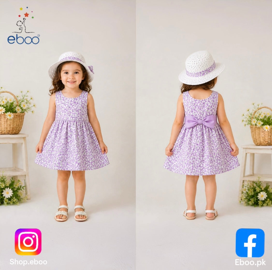 Eboo Baby Girl Summer Flower Printed Bowknot Dress (PURPLE).