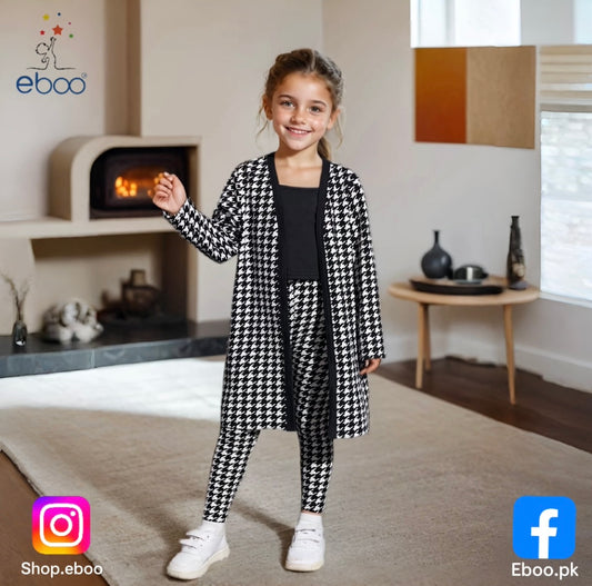 Eboo Girl Houndstooth Print Open Front Coat With Cami Top & Leggings