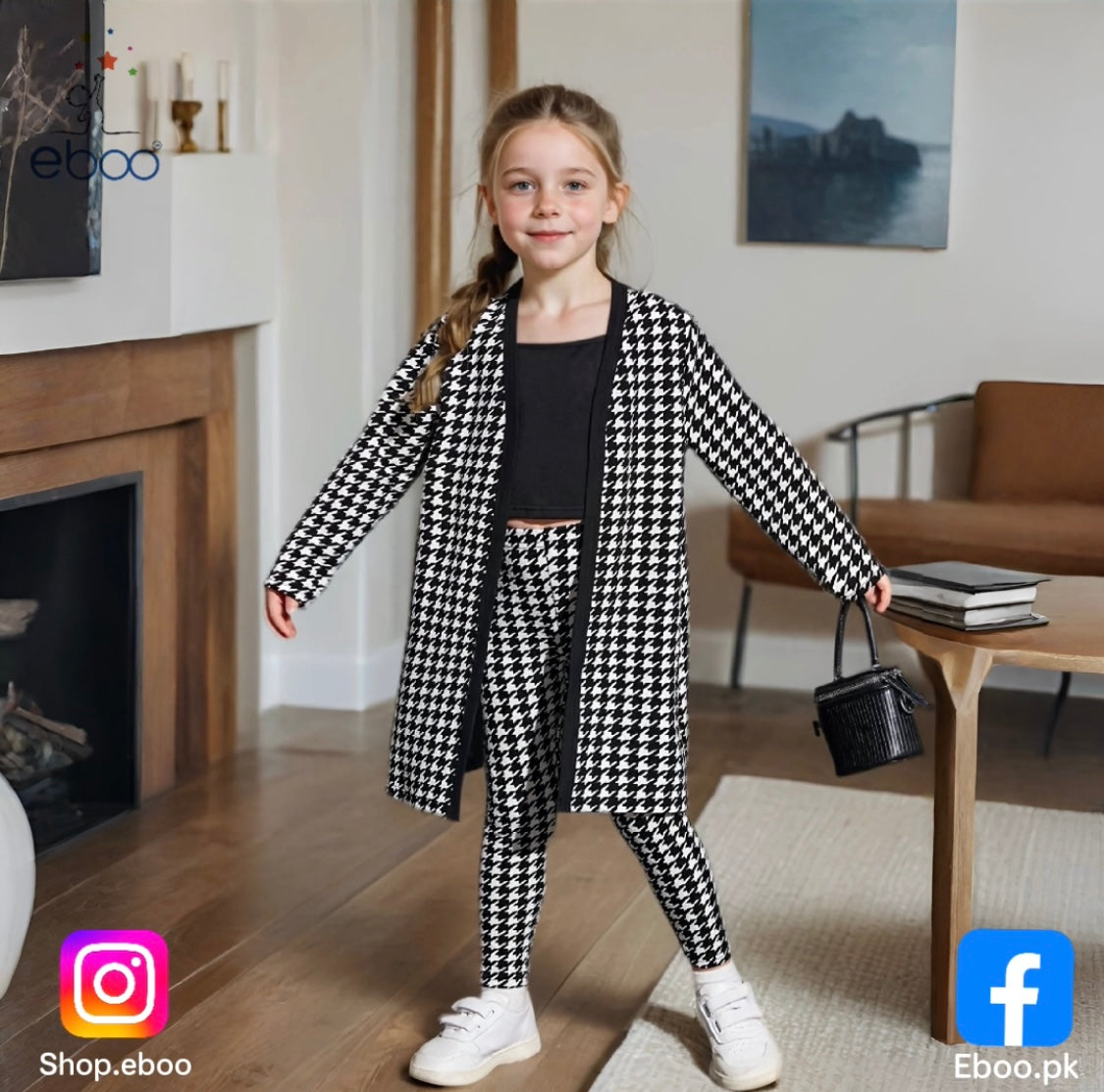 Eboo Girl Houndstooth Print Open Front Coat With Cami Top & Leggings