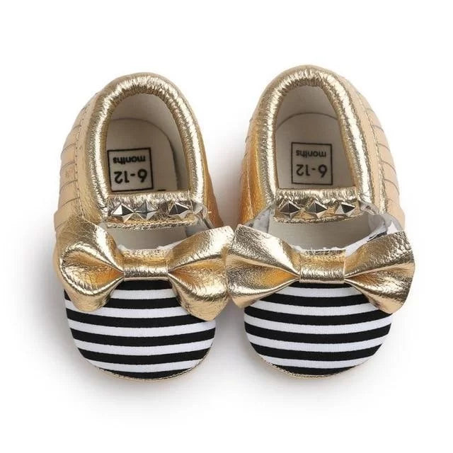 Eboo Gold Baby Shoes with Black & White Stripes