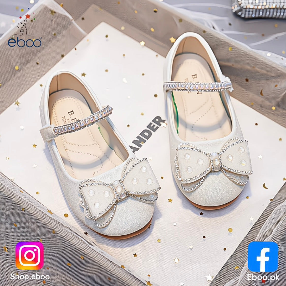 Eboo Girls Wedding Dress Shoes Bowknot Ballet Flats Flower Shoes with Glitter Strap