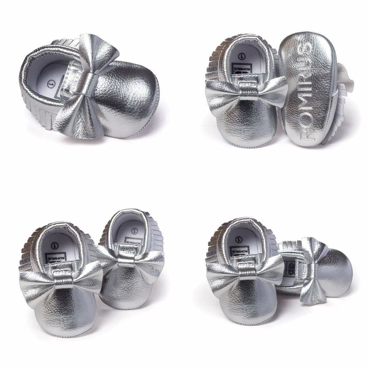 Eboo Shimmering Silver Bow Moccasins