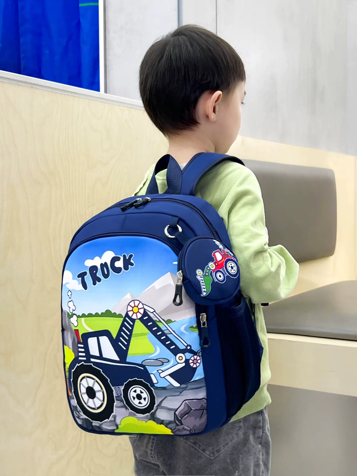 Eboo Kids Blue Truck School Backpack with Matching Mini Pouch